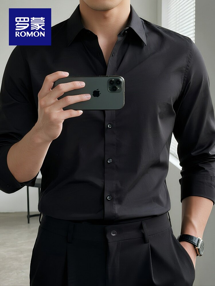 Romon Black Shirt for Men, Long-Sleeved, High-End, Stylish, Business Suit Inner Layer, Short-Sleeved Shirt, Men's Formal Wear, Autumn