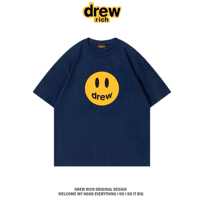 Drew Rich Smiley Face American Style Trendy Short-Sleeved Women's Top Summer Pure Cotton Loose Couple Style Half-Sleeve T-Shirt Men's Trendy