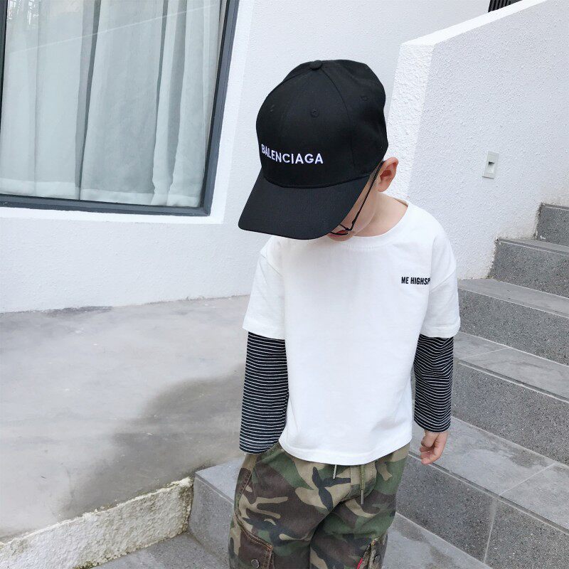 2019 new spring children's suits Japanese boys striped sleeves fake two-piece T-shirts small children's tide spring and autumn sweaters