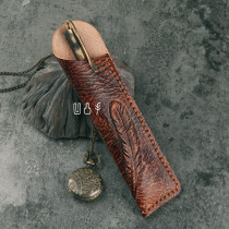 Hand-colored brown printing feather stereogram pen sleeve retro handmade brass pen nostalgic gel pen