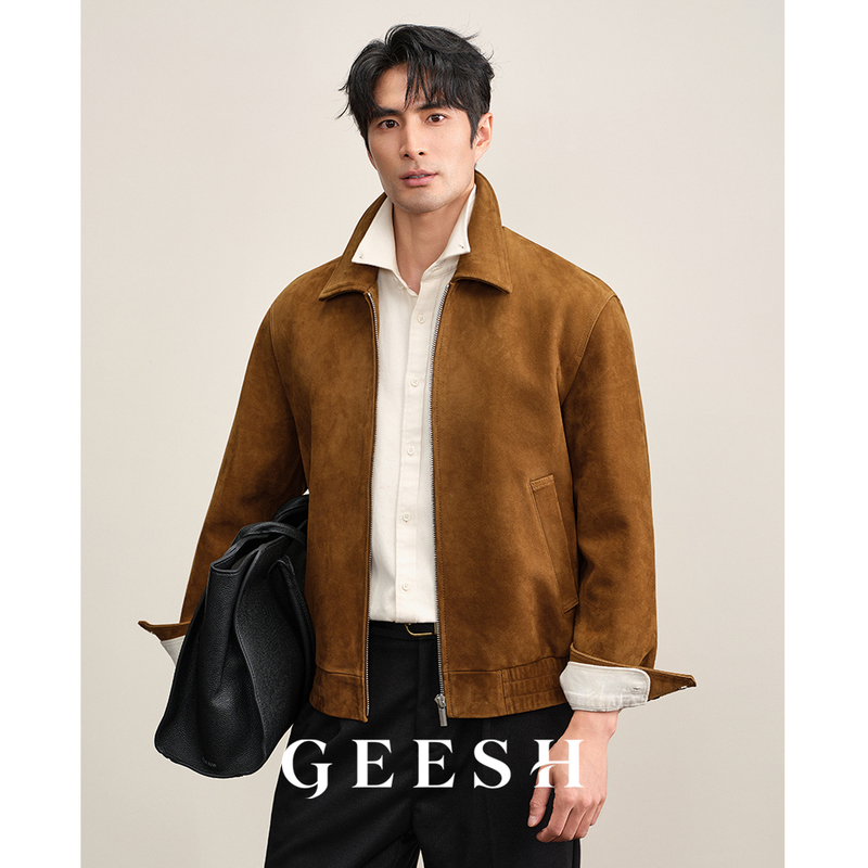 Urban Elite Men's Leather Jacket with Genuine Leather Lapels, Sheepskin Suede, Simple Autumn New Style Suede Leather Jacket