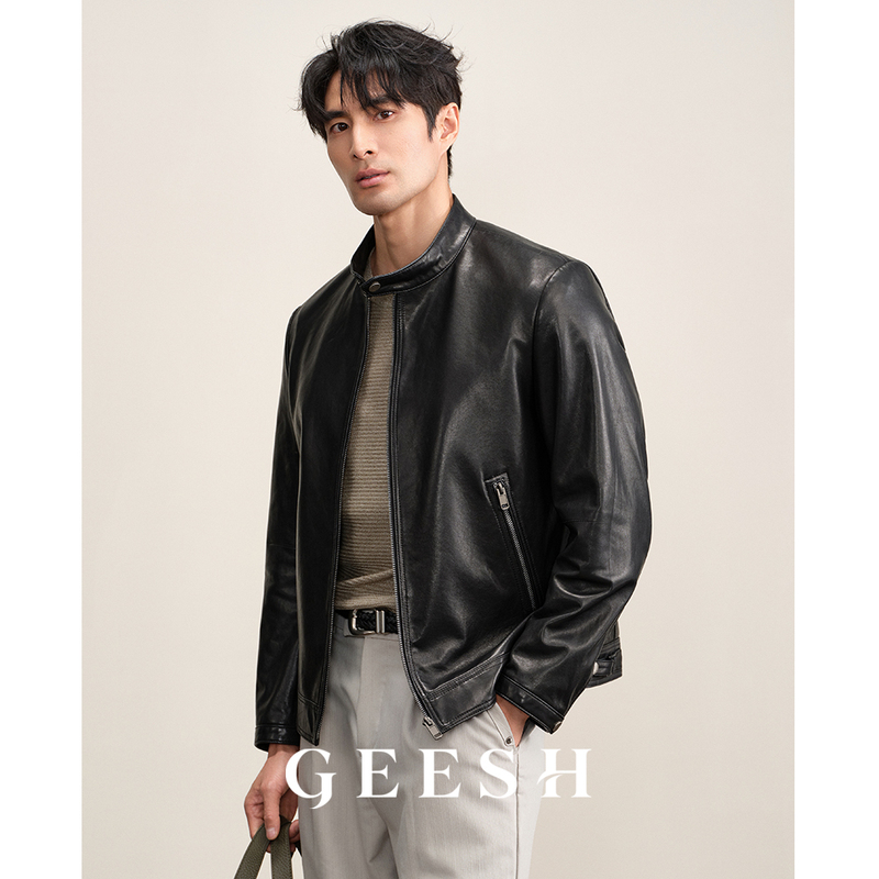 Minimalist High-End Genuine Leather Jacket for Men, Vegetable-Tanned Sheepskin, Stand Collar, 2026 New Autumn Haining Leather Jacket