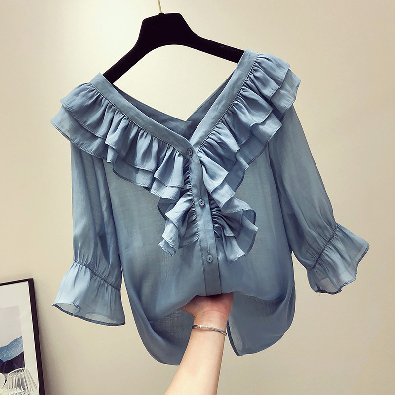Korean Ice Silk Snow-spinning Jersey Woman Short Sleeve 2023 Summer New Loose Lotus Leaf Side Ocean's snow-spinning blouses women-Taobao