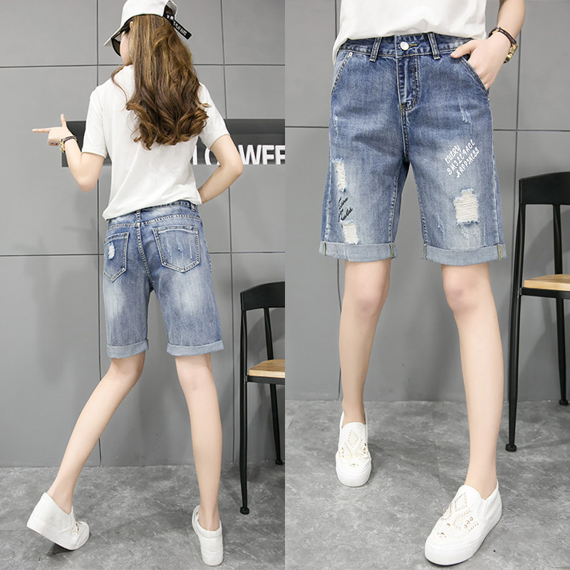 Korean large size shorts female fat mm hole jeans five-point summer thin high waist 2021 new loose straight tide