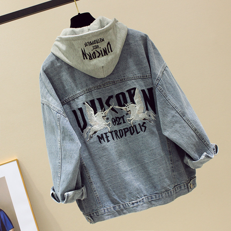 South Korea 2022 spring and autumn new embroidery denim jacket female cap loose bf medium long version 100 hitch on clothing jacket