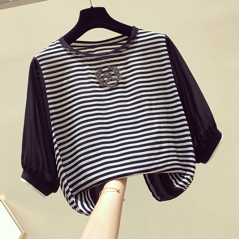 Korean Nail Pearl Rework Stripe T-shirt Woman Long Sleeve 2021 Summer New Loose Round Collar Foreign Pie snowspun blouses
