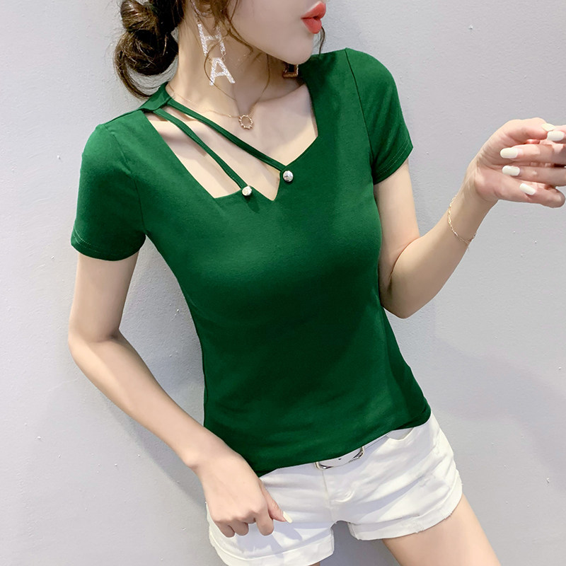 South Korea 2020 summer new sexy hollowed-out collarbone T-shirt female short sleeve pure cotton sashimi 100 lap half sleeve T-shirt blouse