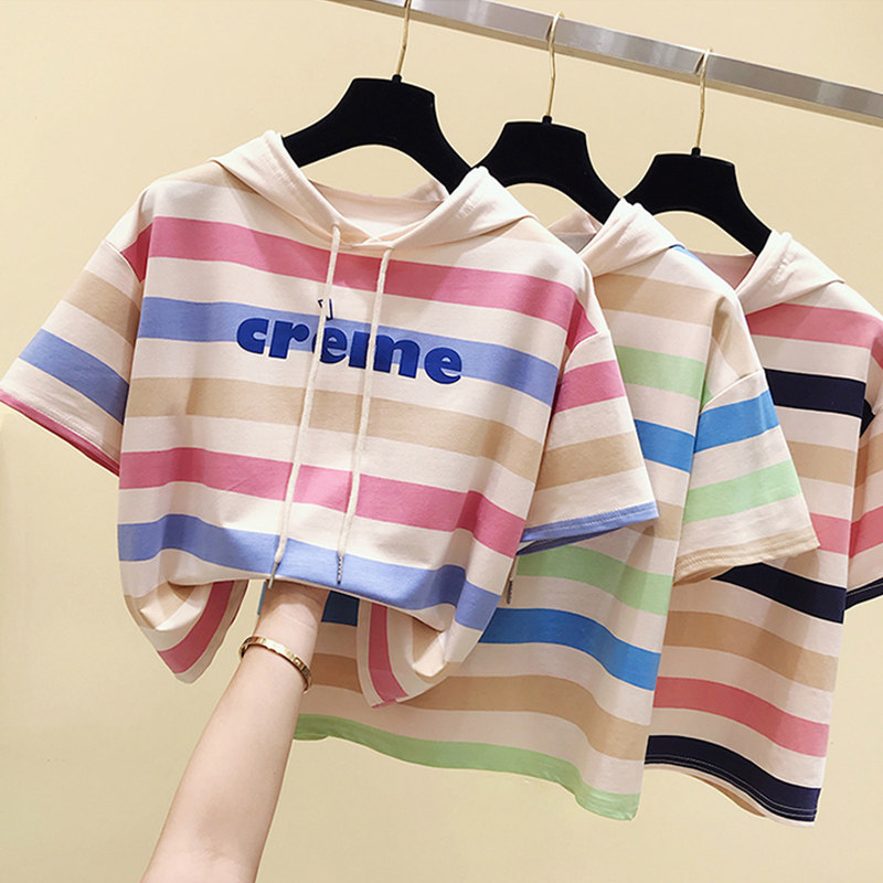 South Korea Tide Card 2021 Summer New Women's Dress With Hat Striped T-shirt Korean Version Loose Chic Fashion Short Sleeve Blouse