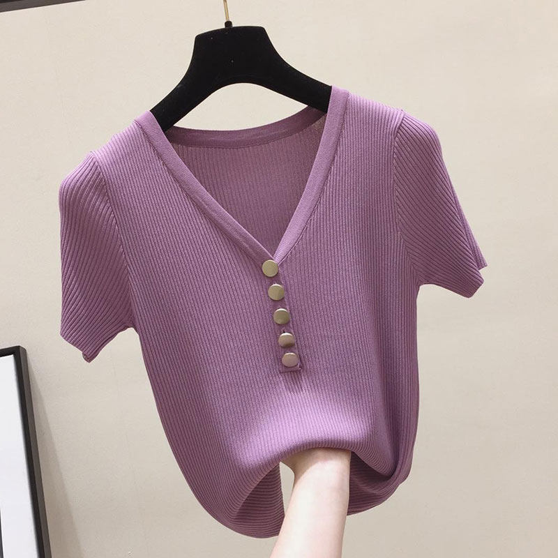 South Korea V-neck T-shirt women's short-sleeved ins tide 2020 new summer decoration body short purple ice silk half-sleeve top