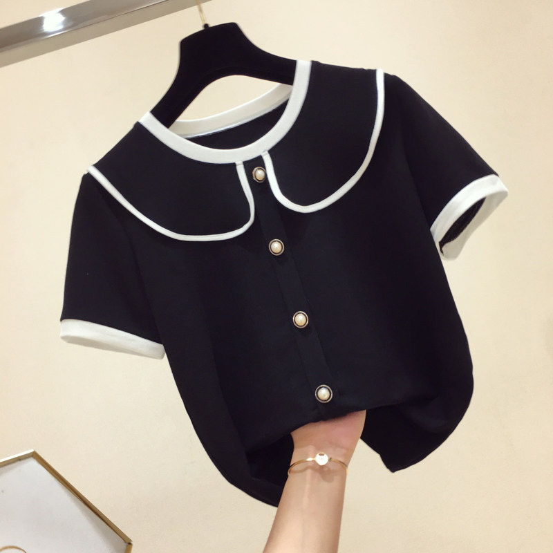 Korean Doll Collar Ice Silk Short Sleeve T-shirt Woman 2022 Summer Loose Ins 100 Hitch Thin Foreign Blouse Tide