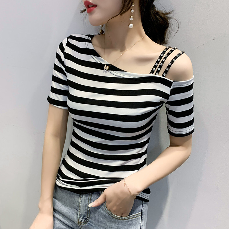 South Korea 2020 new summer sexy open-shoulder striped T-shirt female short sleeve pure cotton sashimi 100 lap half sleeve shirt