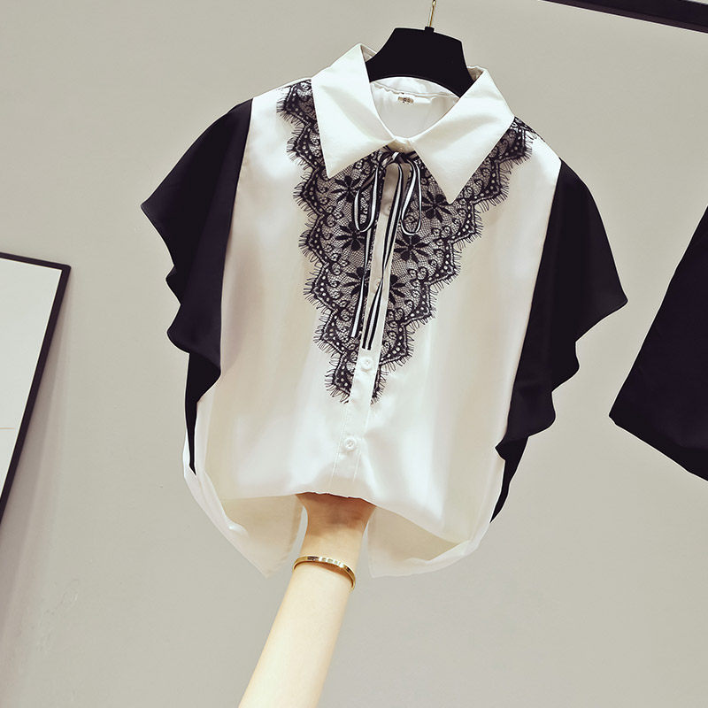 Korea Summer 2021 New Chiffon Shirt Short Sleeve Shirt Women's Lace Ruffle Foreign Pie Top