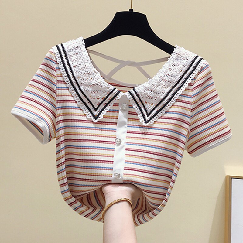 South Korea 2021 summer new striped doll collar short-sleeved T-shirt female small fragrance design sense hollow backless top