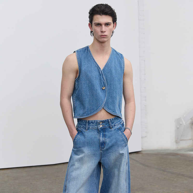 Southstudio Denim Vest 26 Summer New Unisex Men's and Women's Quality Blue Half-Panel Splicing Single-Button Vest Southstudio Denim Vest 26 Summer New Unisex Men's and Women's Quality Blue Half-Panel Splicing Single-Button Vest