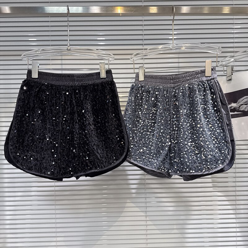 [in Stock for Immediate Delivery] New Autumn Style, Eye-Catching Sequin-Embellished Elastic Waist Drawstring Three-Quarter Casual Shorts