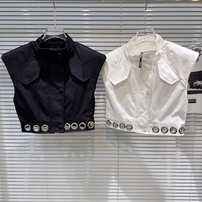 [Ready Stock, Quick Delivery] Summer New Style Sweet and Cool Spicy Girl Ring Studded Hem Solid Color Shoulder Pad Vest Jacket Top