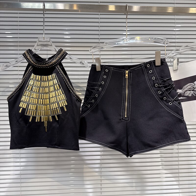 [in Stock for Quick Delivery] Summer New Fashionable Hot Girl Style Gold Rhinestone Vest + Drawstring High-Waisted Shorts Set for Women
