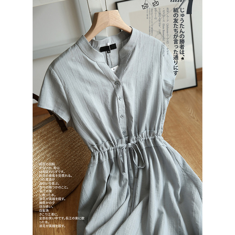 Must accept the foundation of the lazy skirt quiet neighborhood temperament ~ small in the long waist cotton V collar dress