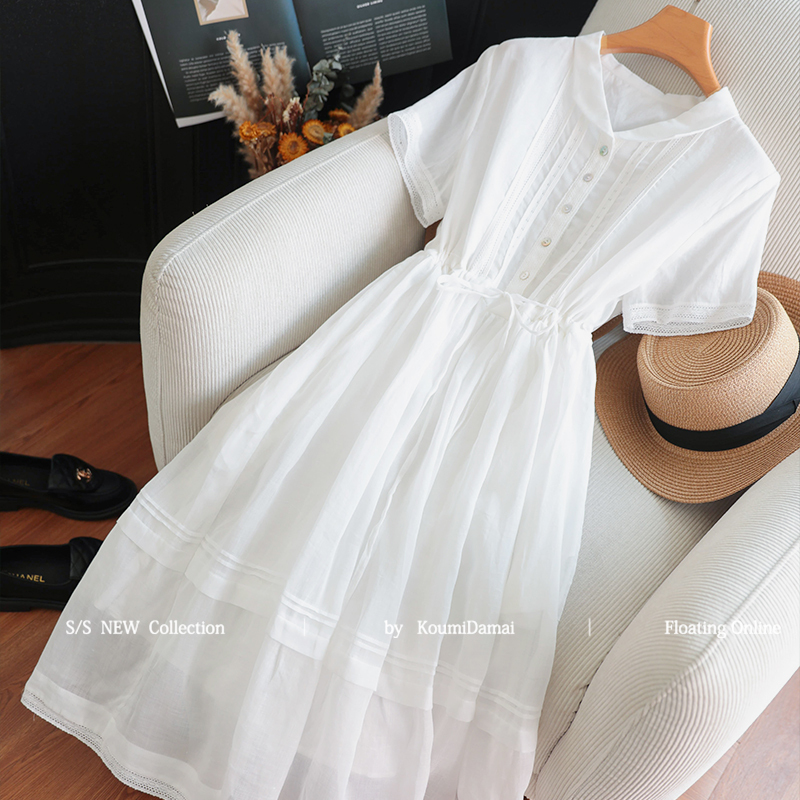 Koumi Barley Brings a Sense of Elegance, French Lace Trim, Slimming White Ramie Shirt Dress, Women's Long Dress