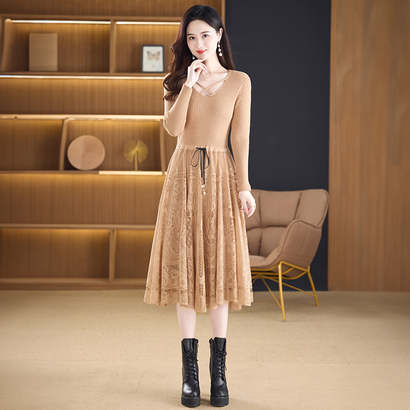 Hengyuanxiang Long-Sleeve High-End Dress for Women 2024 New Spring and Autumn Stylish Mother's Knit Waist-Cinching Guangzhou Dress