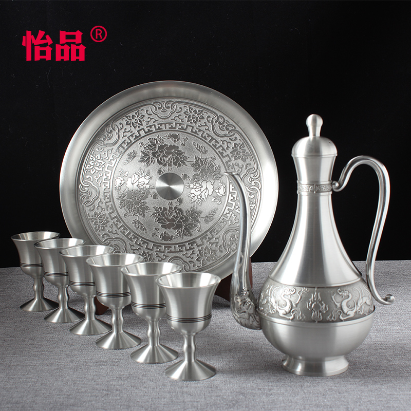 Yi Pinxiang Dragon tin implements the whole set of wine sets Tin Pot Pure Tin High Foot Wine Glasses White Wine Pot Yellow Wine Pot Business Gift