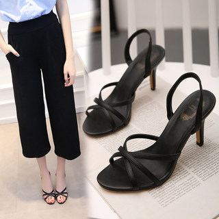 2025 European Style Sexy Black Mid-Heel Women's Shoes with Thin Straps and High Heels, Summer Open-Toe Sandals, Women's Genuine Leather Sandals