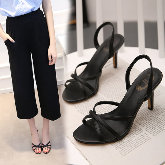 2025 European Style Sexy Black Mid-Heel Women's Shoes with Thin Straps and High Heels, Summer Open-Toe Sandals, Women's Genuine Leather Sandals