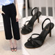 2025 European Style Sexy Black Mid-Heel Women's Shoes with Thin Straps and High Heels, Summer Open-Toe Sandals, Women's Genuine Leather Sandals