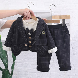 男童0秋冬款1加绒加厚西装套装2儿童新款宝宝3薄绒三件套4帅气5岁