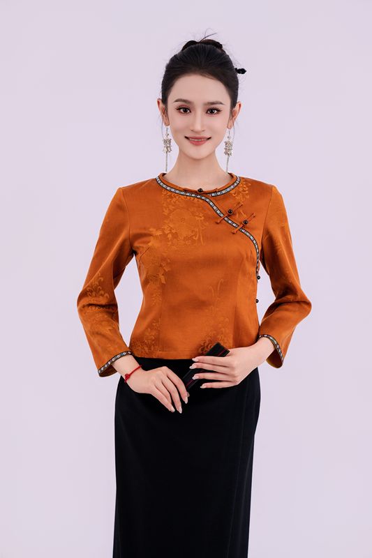 Yu Family's "Man Jin Cheng" Original Dai-Style Improved New Chinese-Style Copper Ammonia Silk Embroidered Lace Slim-Fit Top