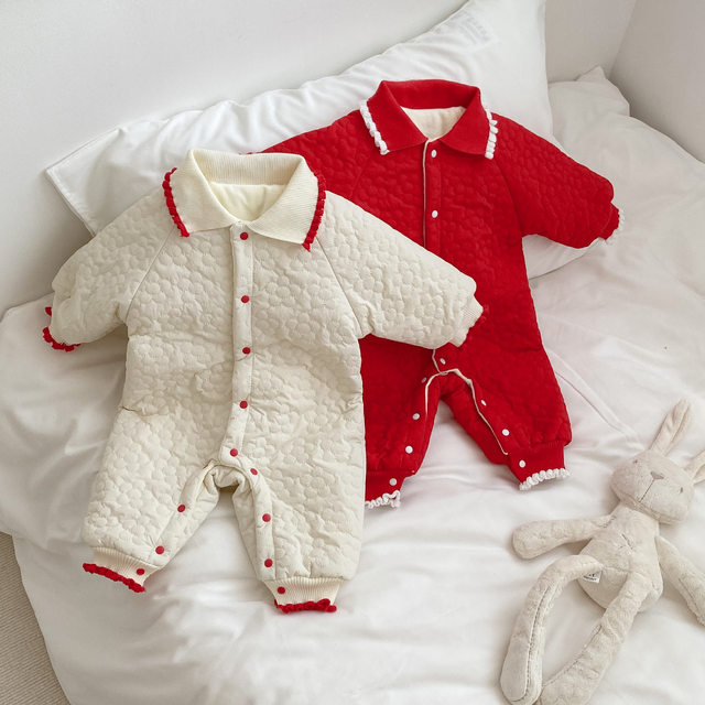 Winter female baby's cotton-padded thickened warm foreign-style jumpsuit cotton clothes baby plus fleece romper cotton-padded jacket going out clothes tide