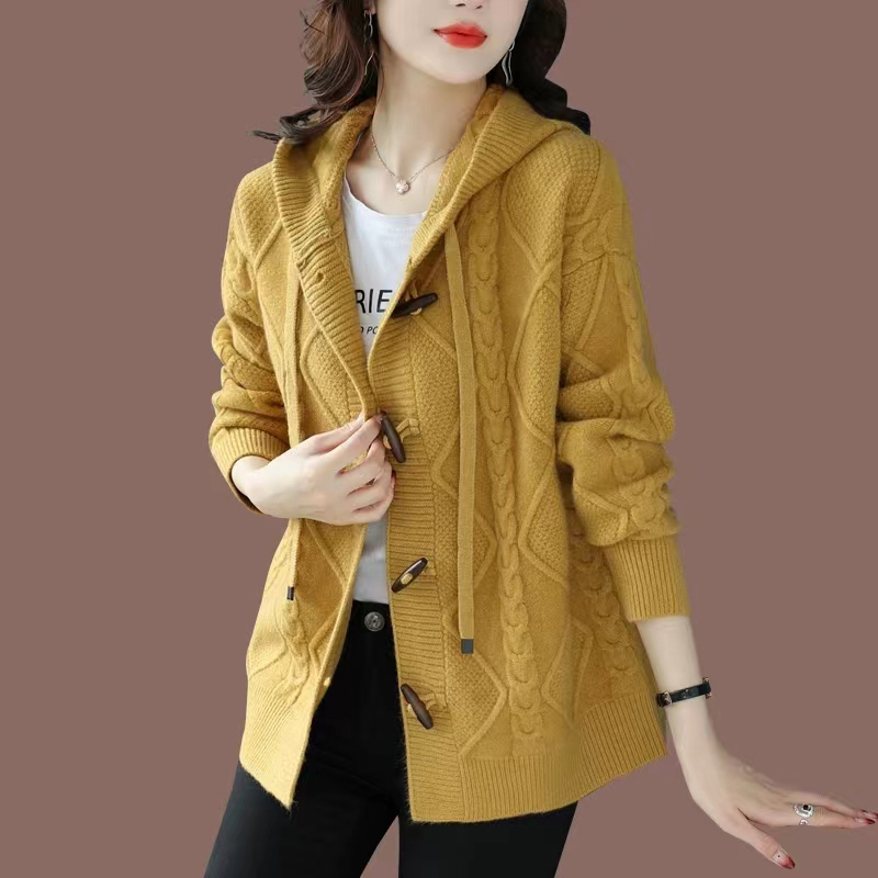 Sweater Jacket Women's Cardigan Loose Autumn and Winter New Korean Style Thickened Button Hooded Outerwear Stylish Long-Sleeved Knitwear