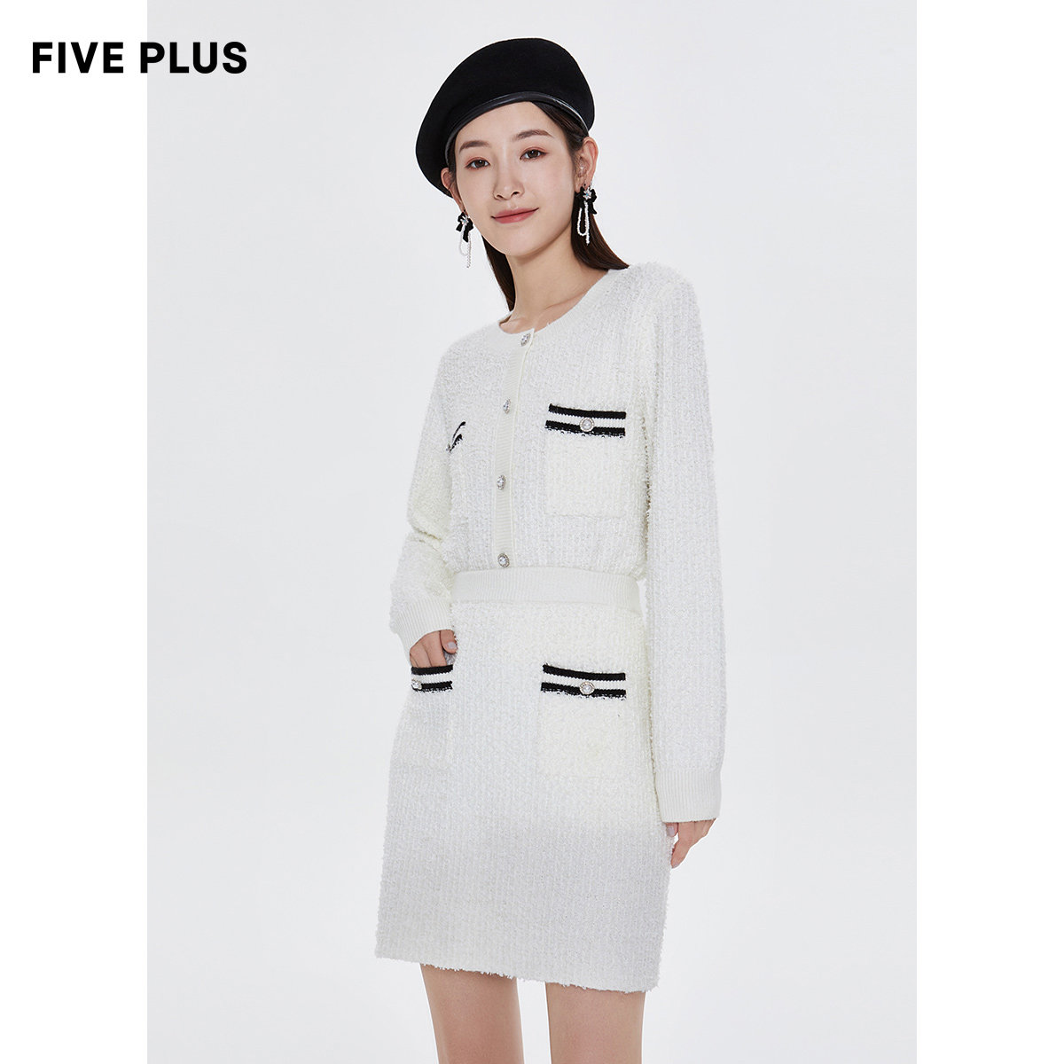 FIVE PLUS2021 new women's winter clothing style temperament small cardiovert woman long sleeve cardiovert blouse tide round collar