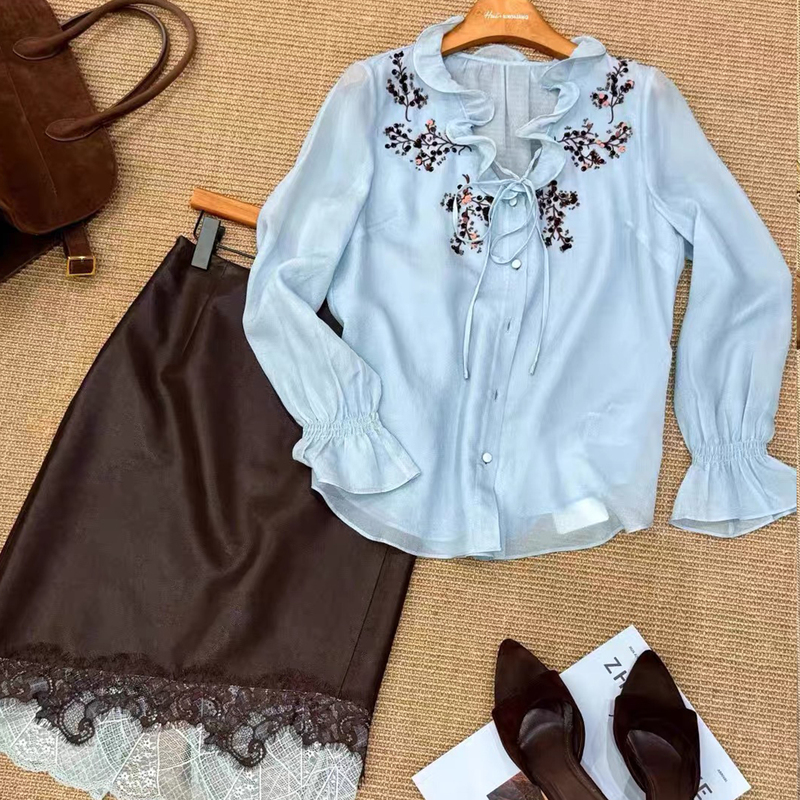 Early Autumn New French-Style Heavy Sequin Embroidery Ruffled V-Neck Long-Sleeve Shirt with Blue Tie Design Top Early Autumn New French-Style Heavy Sequin Embroidery Ruffled V-Neck Long-Sleeve Shirt with Blue Tie Design Top