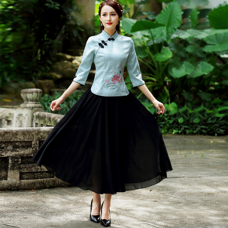 Sườn xám đầu hai mảnh swing lớn váy mùa thu mới thêu cải thiện sườn xám thời trang phong cách Trung Quốc phù hợp với cô gái