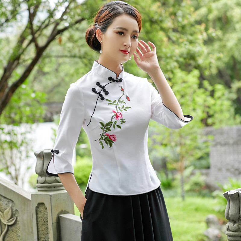 Thu mới Han quần áo dân sự quốc gia gió được cải thiện sườn xám thêu trên chiếc váy hai mảnh phù hợp với trà bông retro bộ