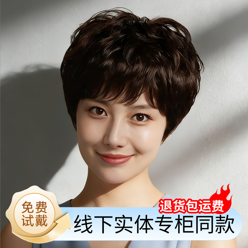 Wig for Middle-Aged and Elderly Women, Short Hair, Real Human Hair, Full Head Wig, Grandma Wig, Curly Hair, Covers Gray Hair