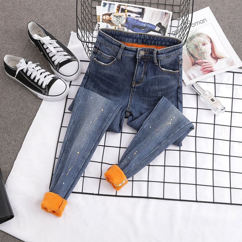 bling~ paint point rolled edge plus velvet jeans women's 2021 winter new style thin thickened tight narrow tube pants tide