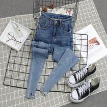 Light blue high-waisted jeans womens spring and autumn 2021 new hole slim slim body slim tight small leggings