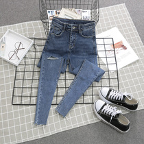 Break hole jeans women nine-point furrow pants 2021 Spring and Autumn New tight slim small pencil pants