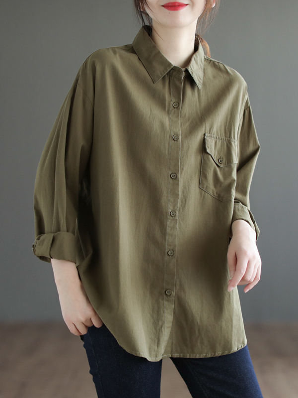 Spring Vintage Washed Cotton Shirt for Women, Plus Size, Loose Fit, Slimming, Long Sleeve, Turn-Down Collar, Single-Breasted, Solid Color Top Spring Vintage Washed Cotton Shirt for Women, Plus Size, Loose Fit, Slimming, Long Sleeve, Turn-Down Collar, Single-Breasted, Solid Color Top