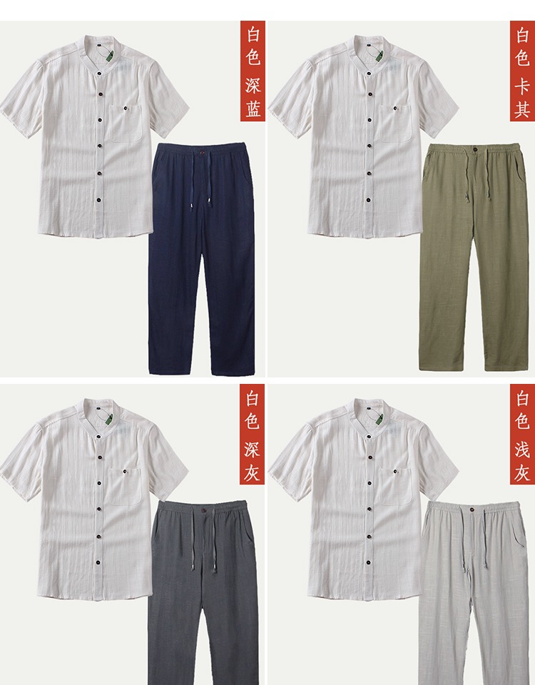 Trung quốc phong cách cotton và linen đặt người đàn ông trung niên của XL lỏng hai mảnh mùa hè phần mỏng ngắn tay T-Shirt phù hợp với