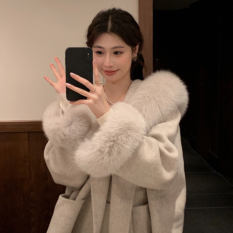 Anmengyi Fur ◆ Hundred Thousand Daughters of Shanghai~ Fox Fur Collar Hooded Wool Coat for Women 2025 New Winter Style