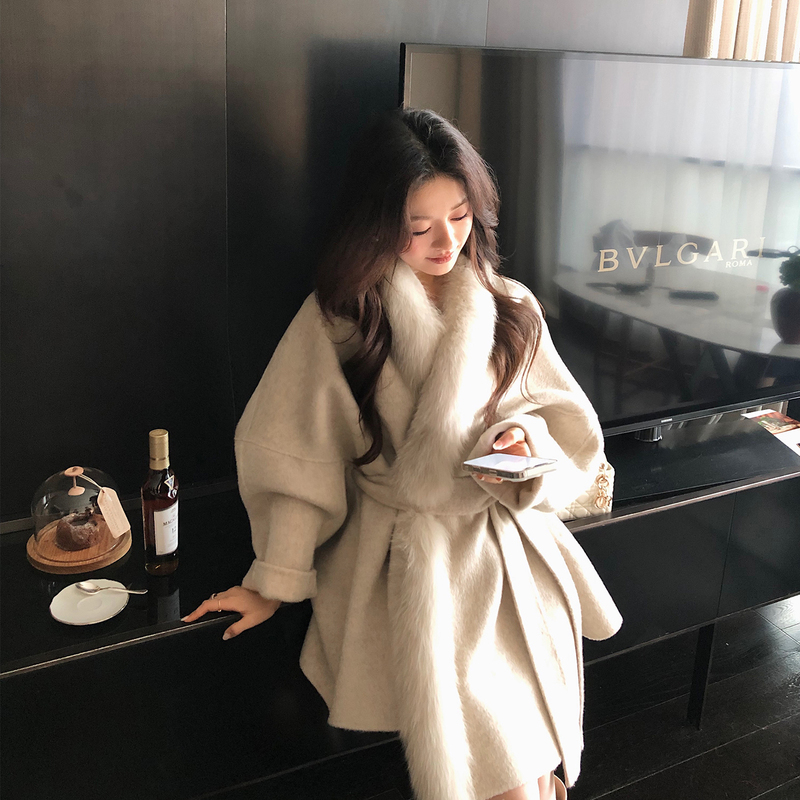 Anmengyi Fur ◆ Kyoto's First Snow~ Fox Fur Collar Double-Sided Woolen Coat Woolen Overcoat for Women Winter New
