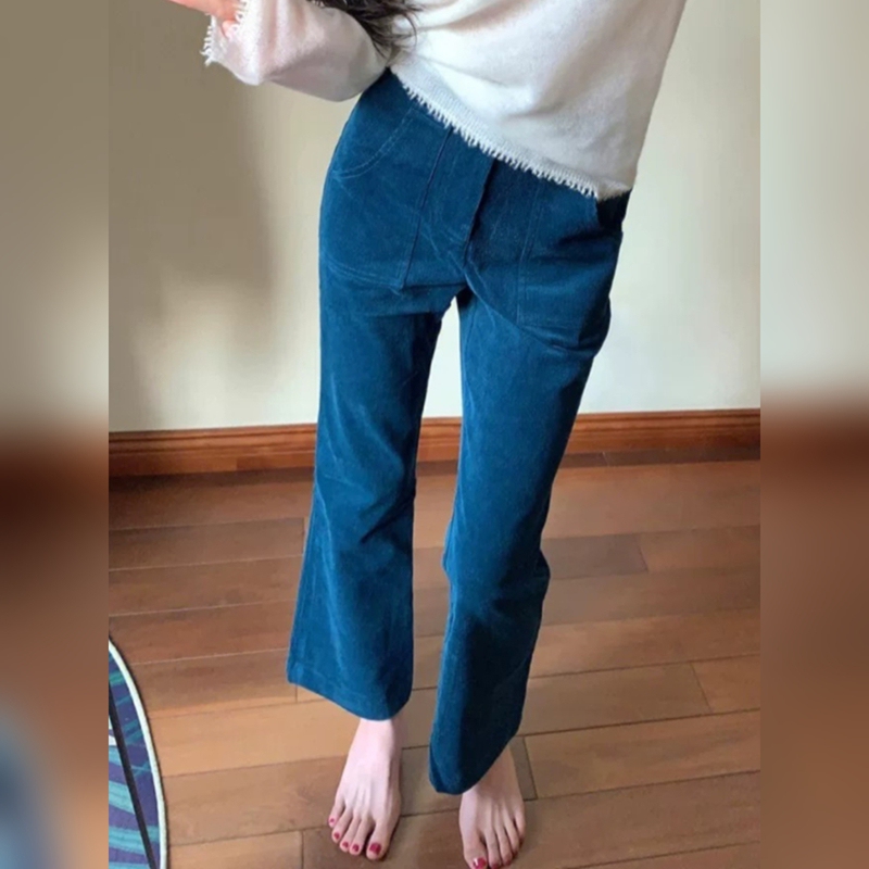 Peacock Blue Corduroy Slim Flared Pants for Women, 2026 Autumn New Style, Super Stylish High-Waisted Casual Cropped Pants