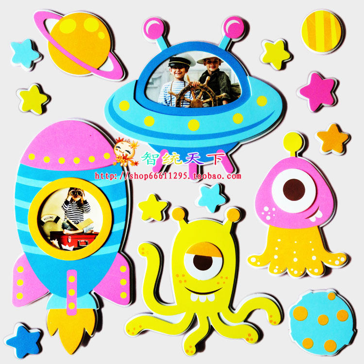Kindergarten Classroom Wall panel News 3D Cubism wall sticker sci-tech themed Spaceship Rocket Astronaut composition