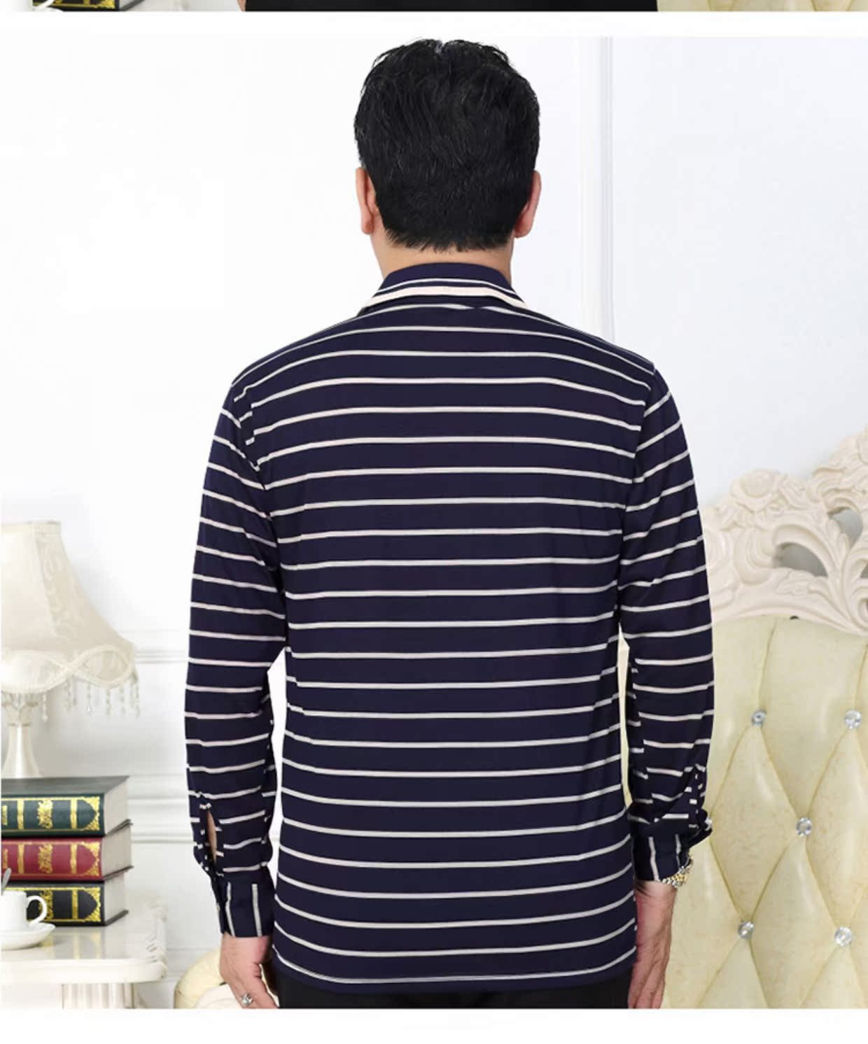 Mùa hè và mùa thu nam trung niên áo thun dài tay cotton mỏng ve áo trung niên cha cha quần áo nam quần áo nam áo thun cotton