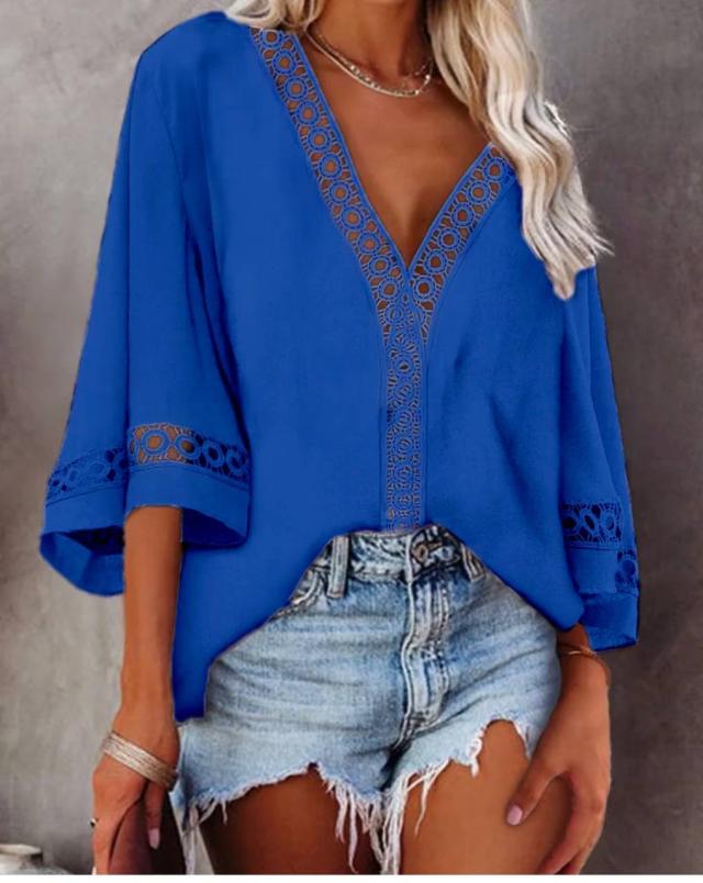 Summer  New V-neck Hollow Lace Shirt in Shirts & Blouses