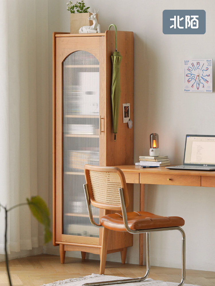 North Mo furniture bookcase Nordic Cherry wood storage bookcase Vertical with glass single door storage Japanese solid wood cabinet