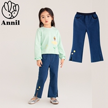 Annai Childrens Clothing Counter 2021 Autumn New Girls Stretch Knit Micro Lace Jeans XG136911